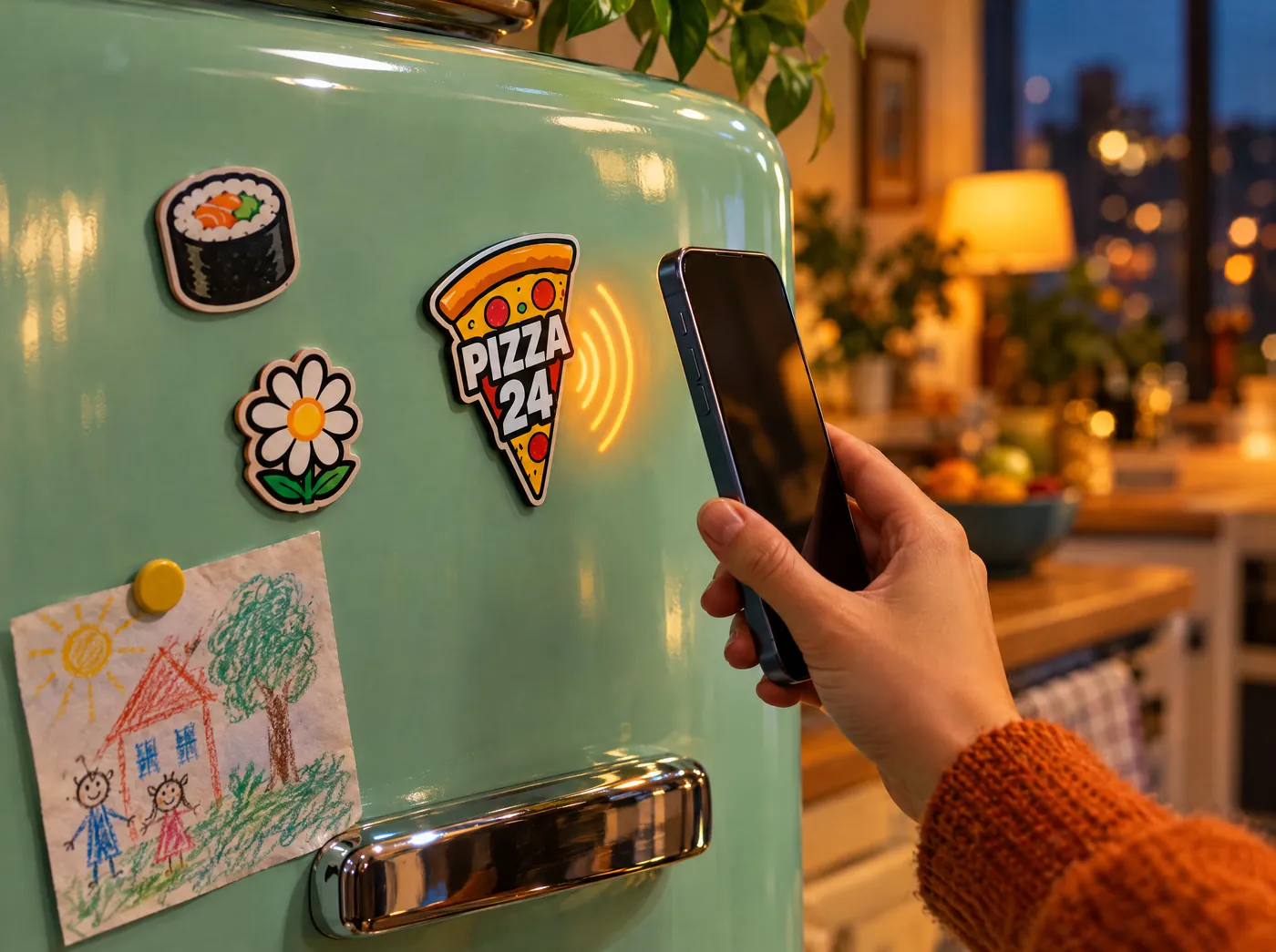 Magnes NFC w kształcie pizzy na lodówce, telefon przyłożony do magnesu