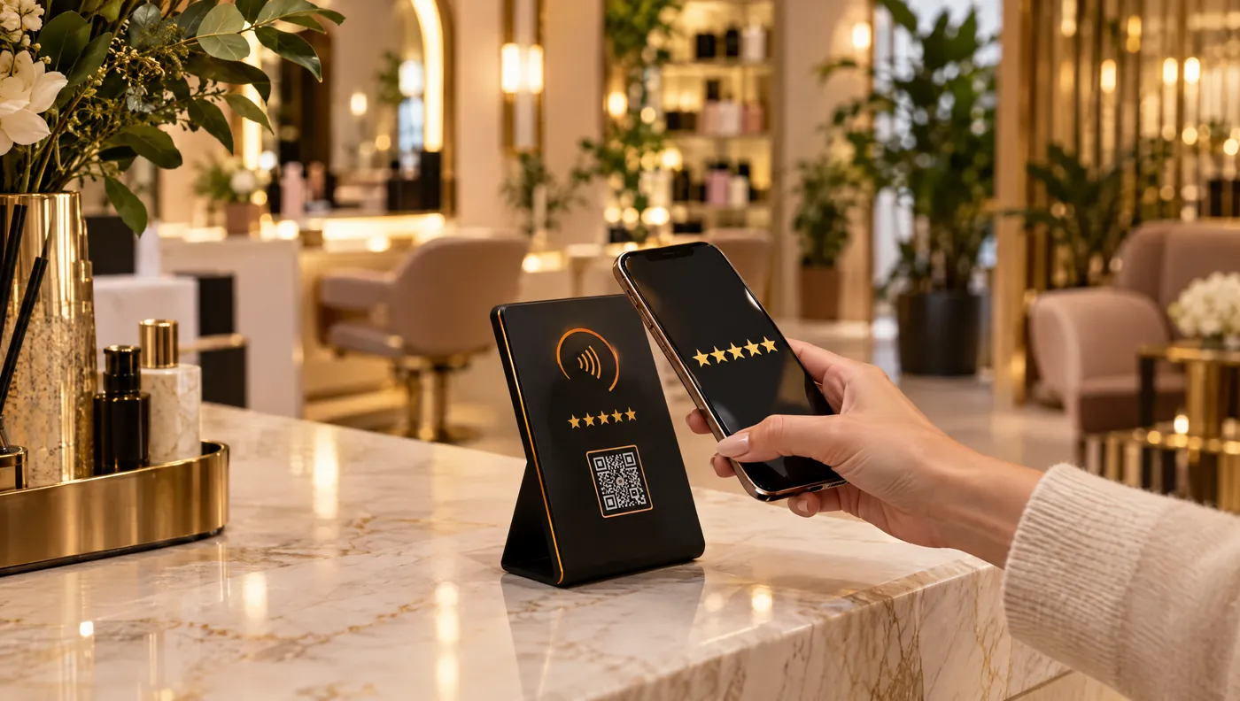 Klientka przykłada telefon do stojaka NFC z gwiazdkami w recepcji salonu