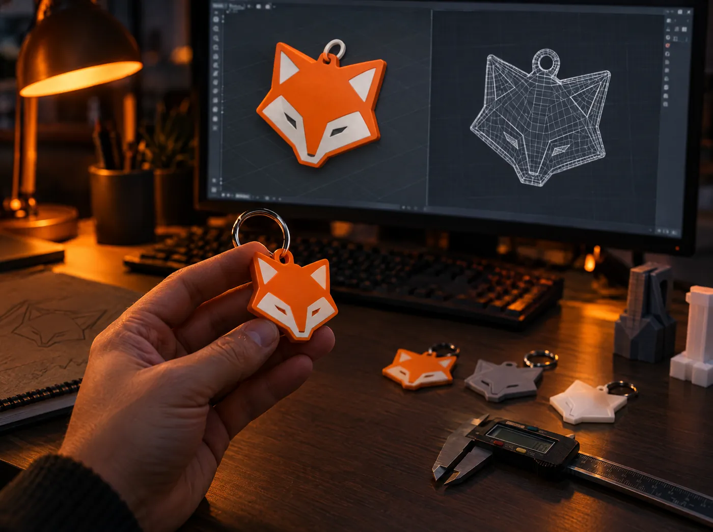 Projektowanie modelu 3D breloka w programie CAD i gotowy prototyp w dłoni