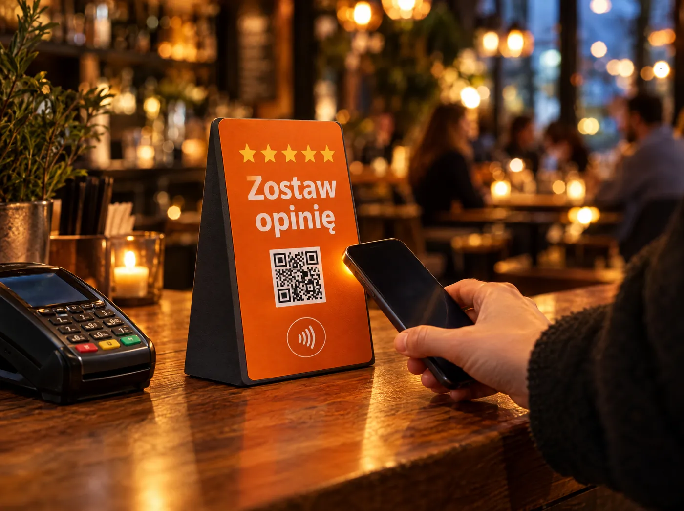 Stojak NFC do opinii Google z kodem QR na ladzie, klient przykłada telefon